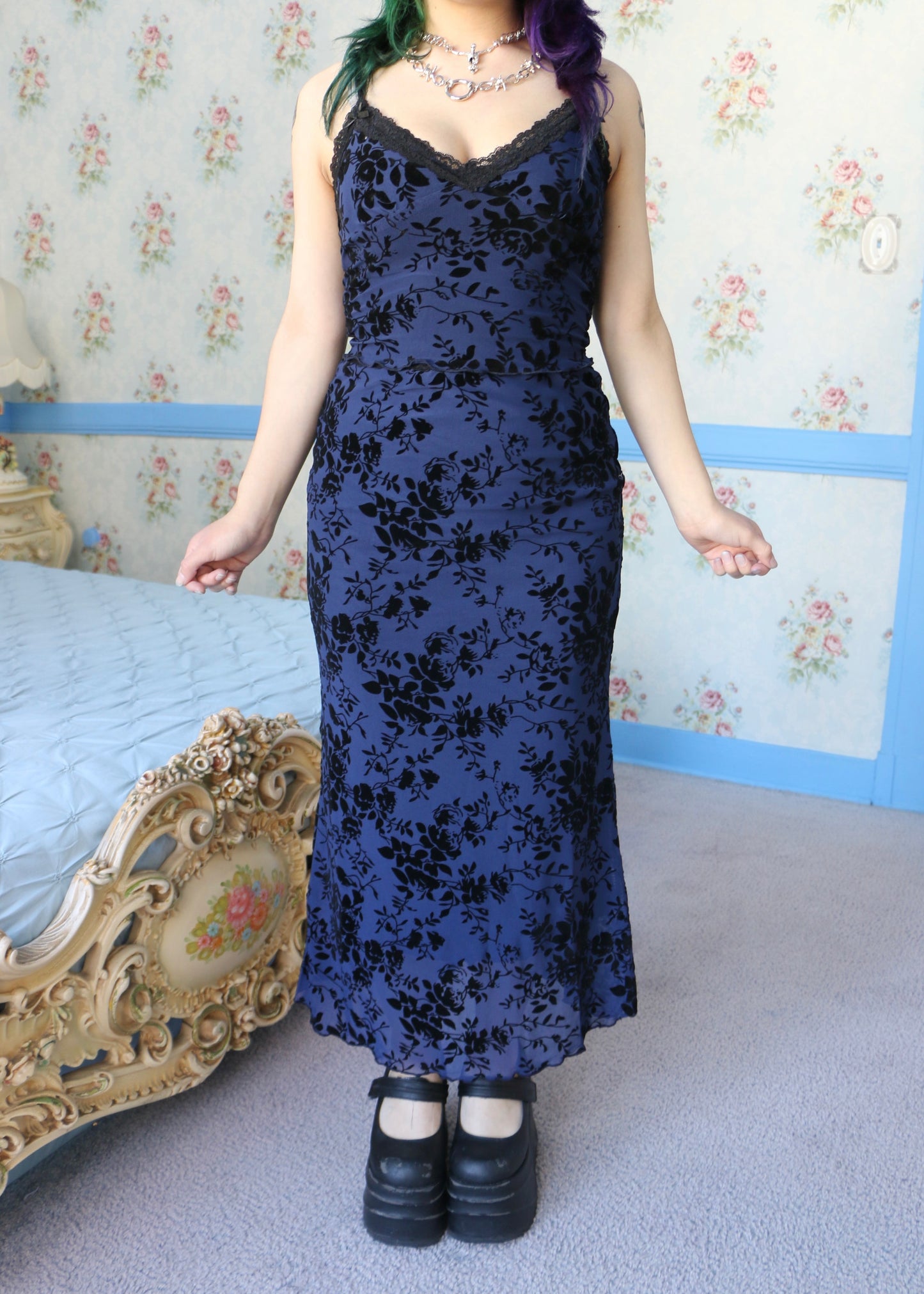 Vibrant Blue Floral Mesh Top Small