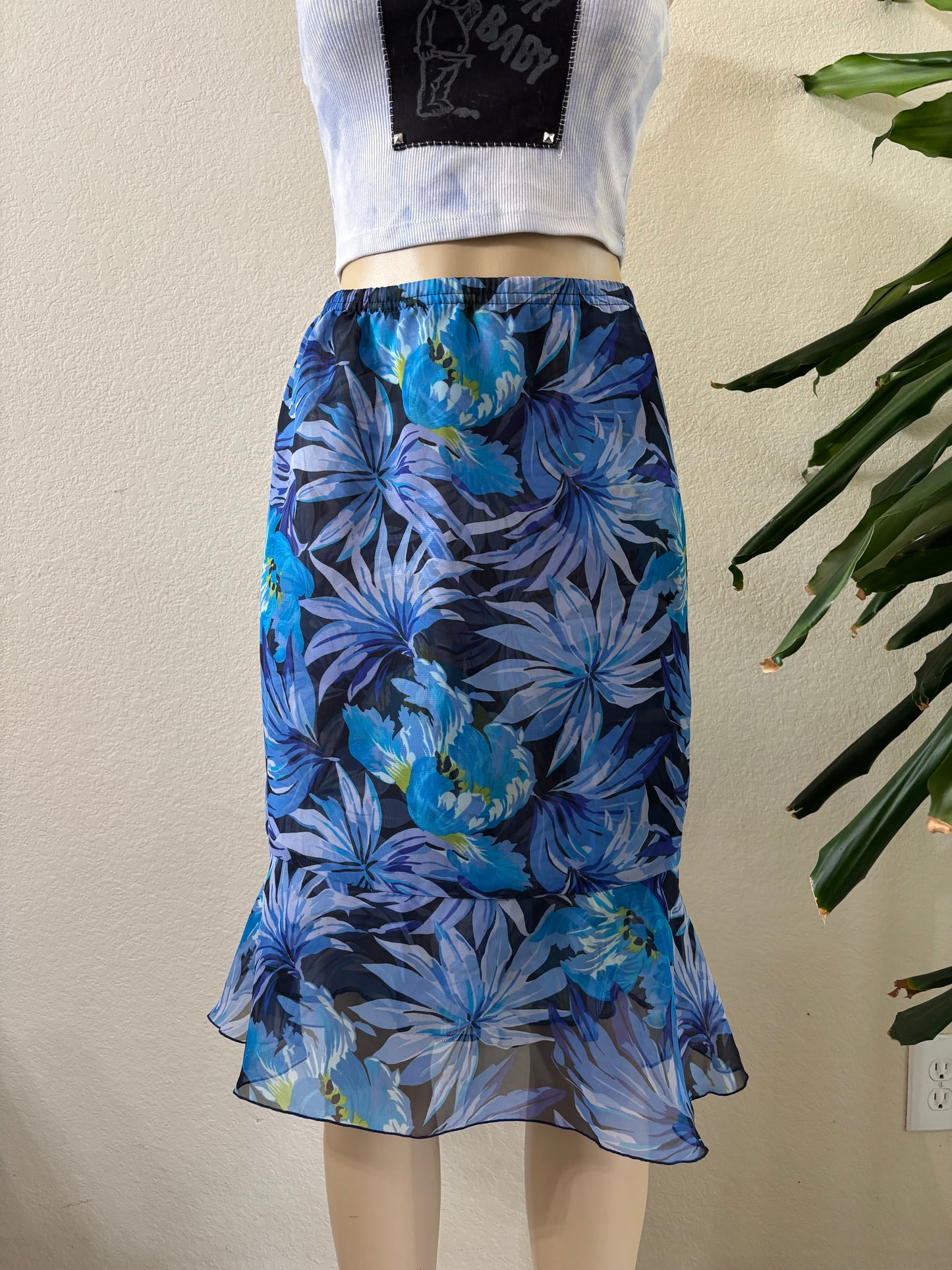 Y2k Blue Floral Midi Skirt Large