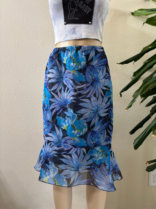 Y2k Blue Floral Midi Skirt Large