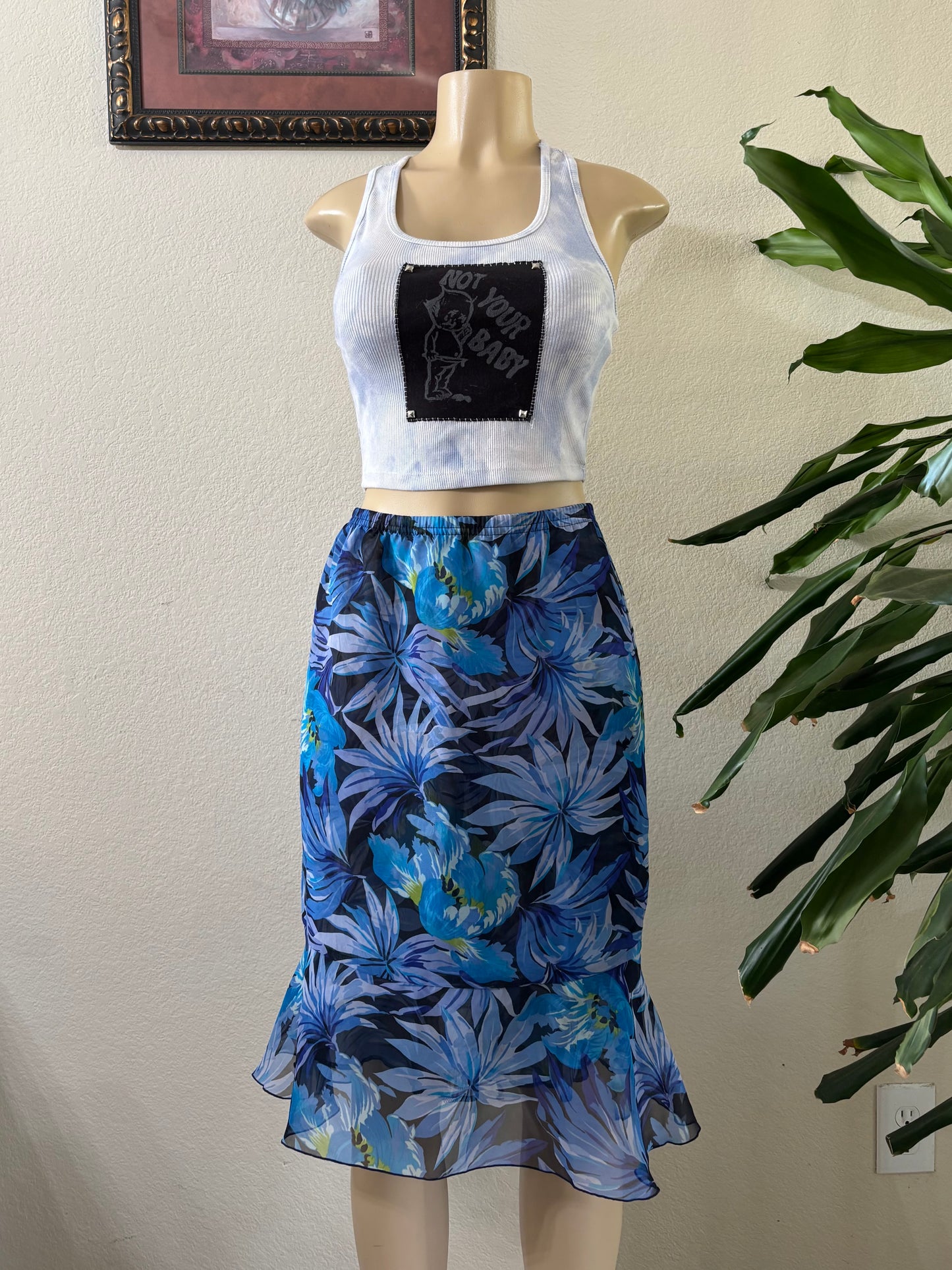 Y2k Blue Floral Midi Skirt Large