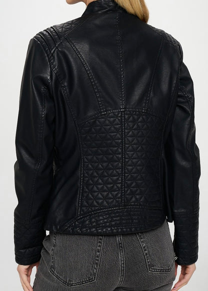 Vegan Leather Patterned Biker Jacket