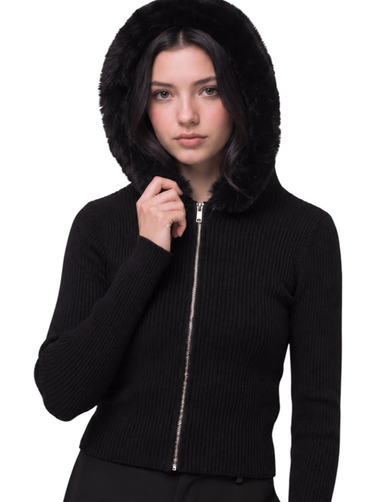 Fur Trim Ribbed Hoodie