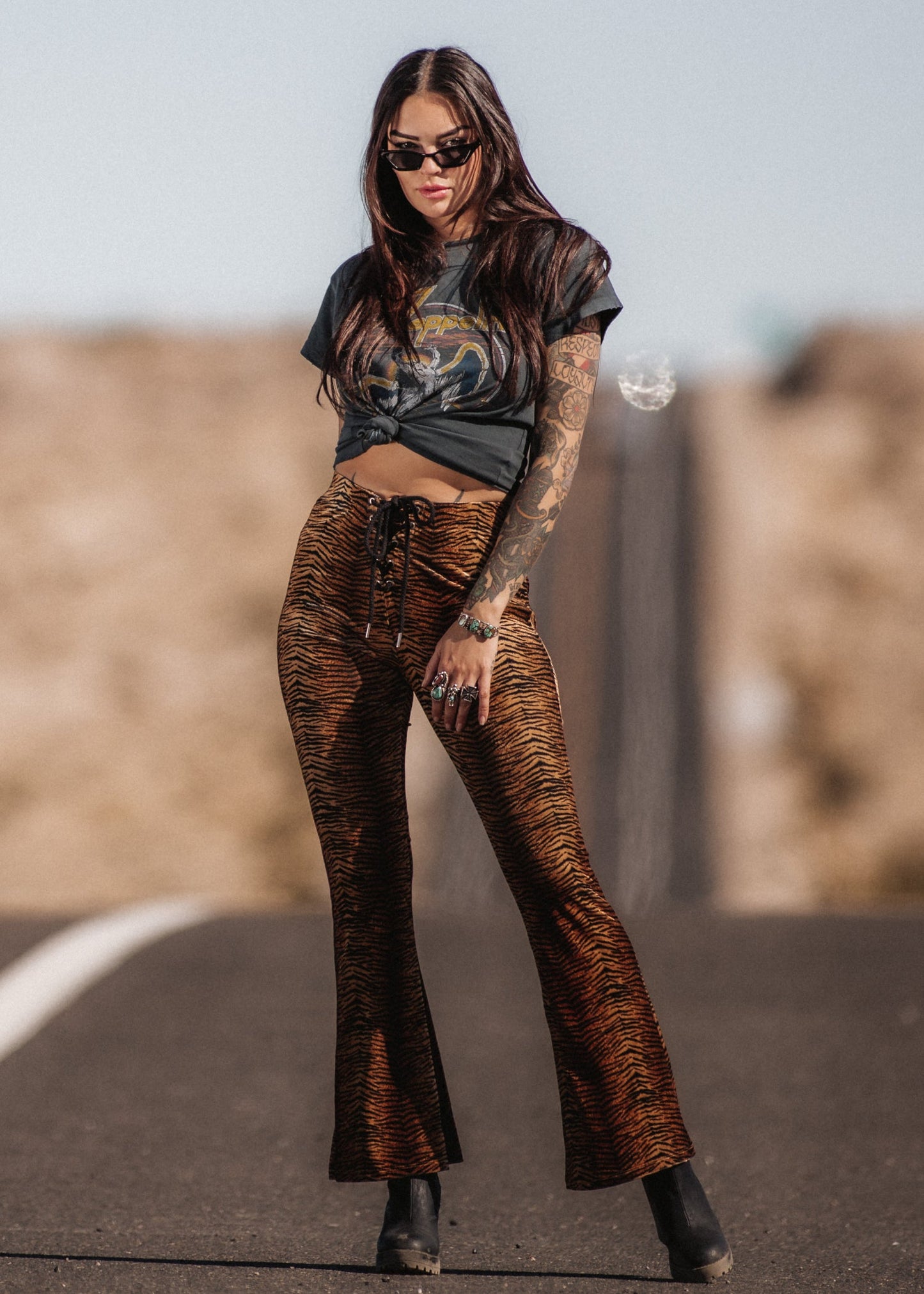 Eye of the Tiger Animal Print Velvet Flare Pants Bell Bottoms