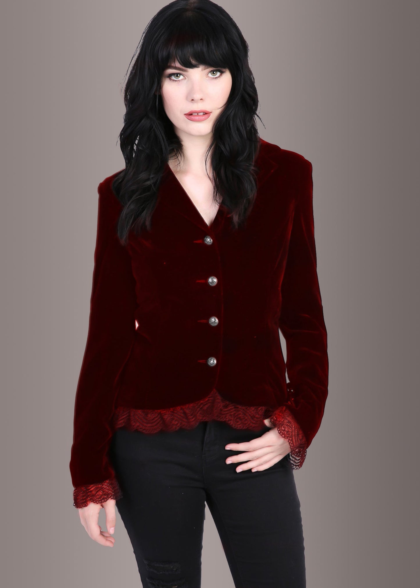 Burgundy Velvet Gothic Jacket with Lace